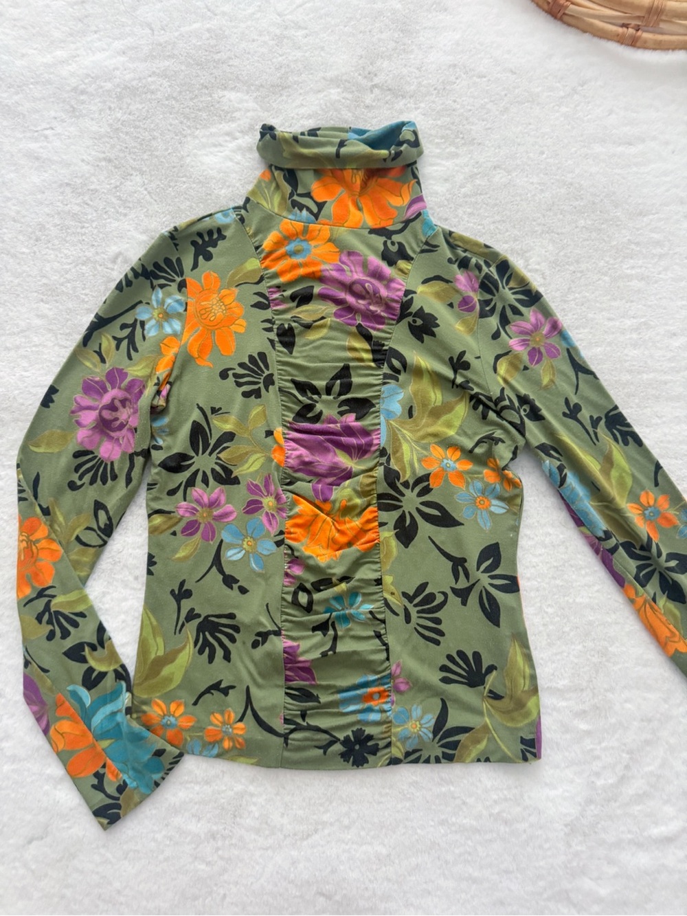 Etro Milano Floral Ruched Turtleneck Long Sleeve Stretch Top Green - Picture 4 of 10